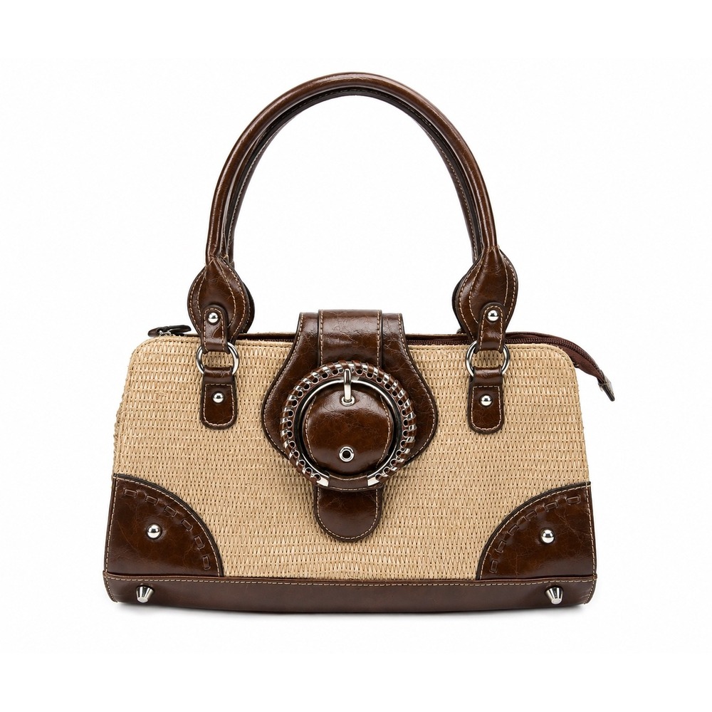 Vintage Y2K Beige Woven Straw Summer Brown Faux Leather Shoulder Bag Purse